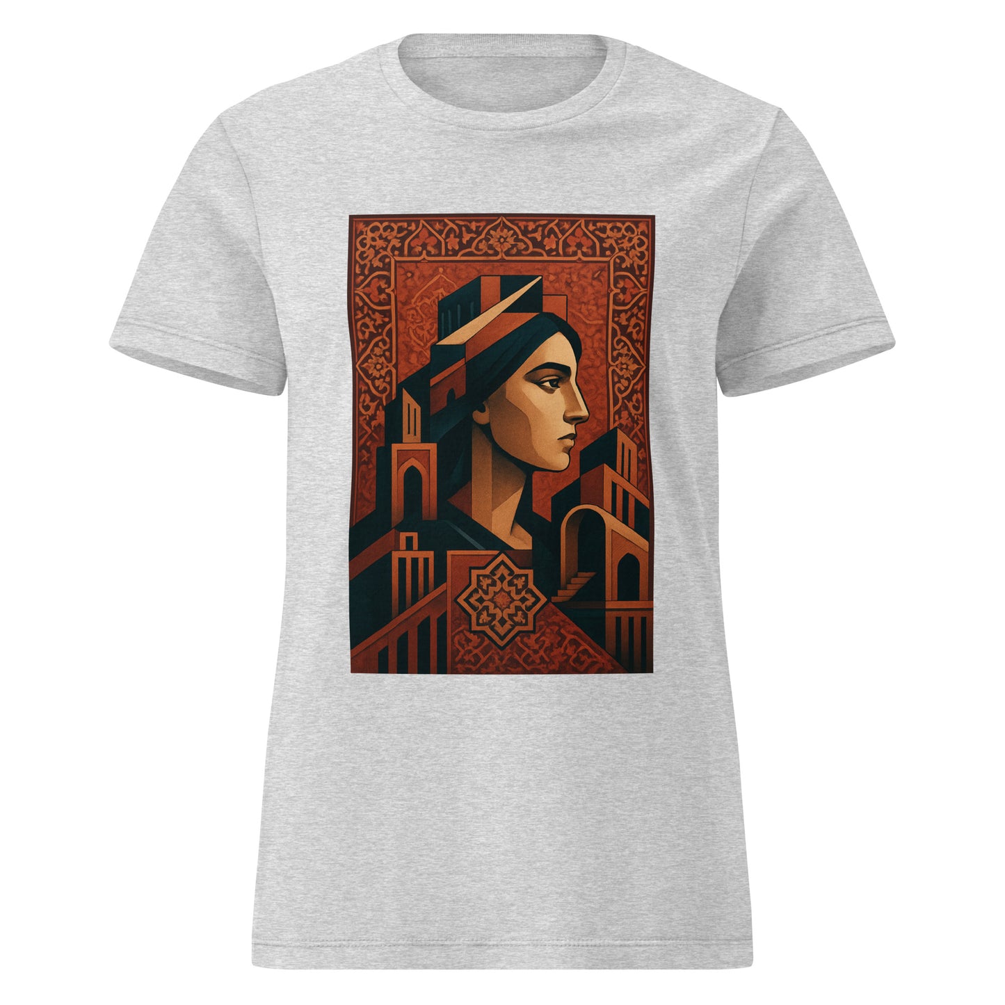 Gray t-shirt with a graphic design of a woman's face and architectural elements on a white background