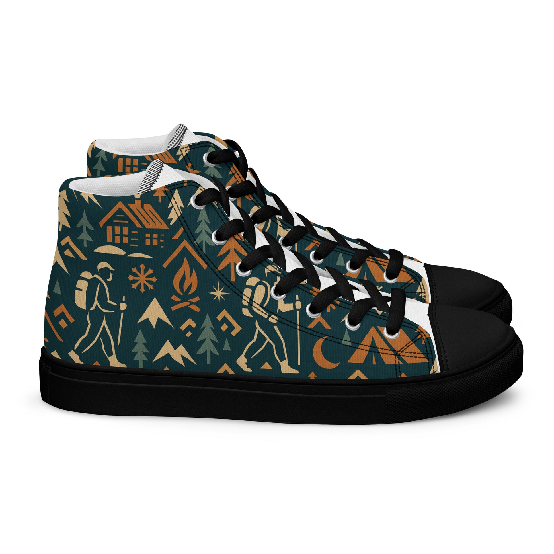 High-top sneakers with a nature-themed pattern on a white background