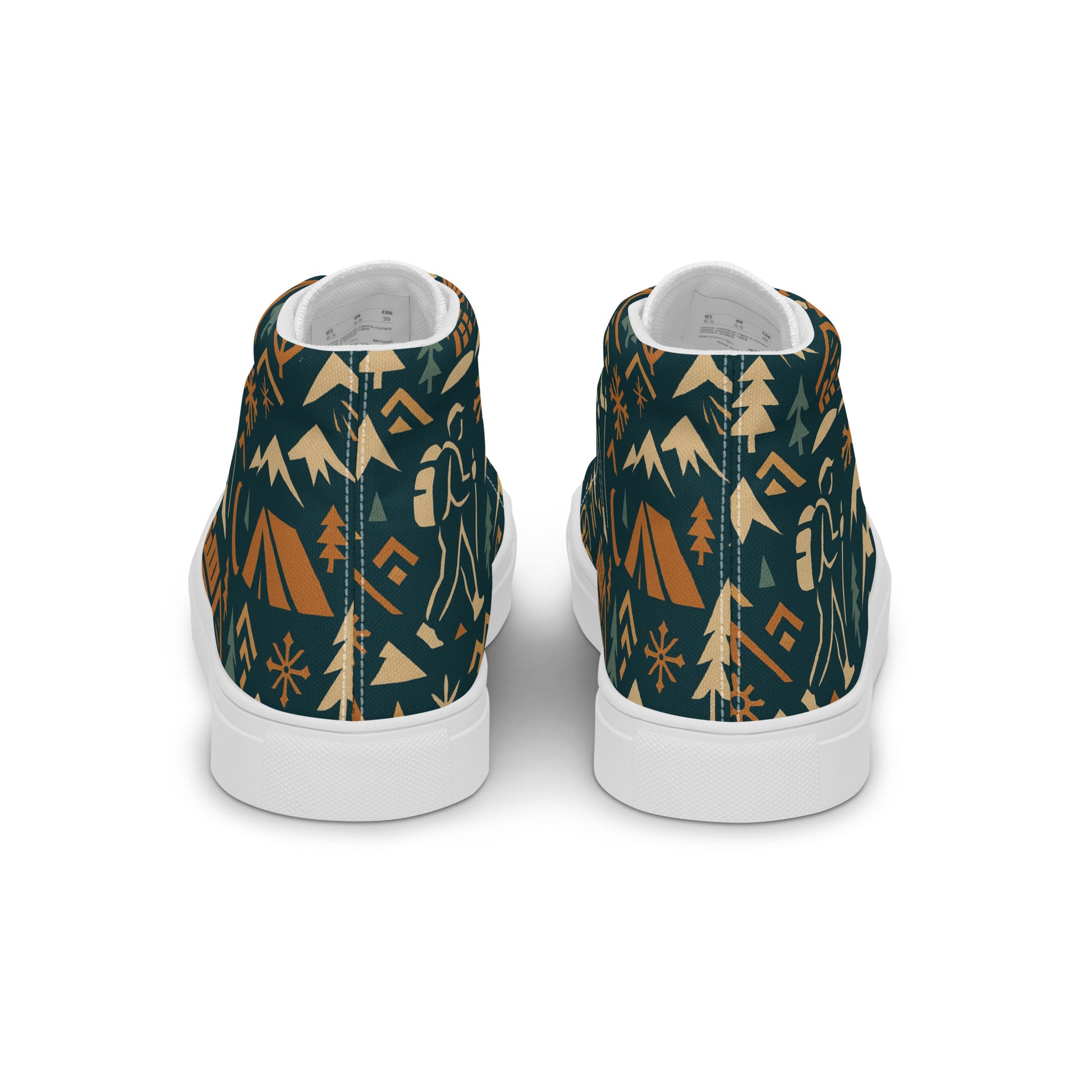 High-top sneakers with camping-themed pattern on a white background