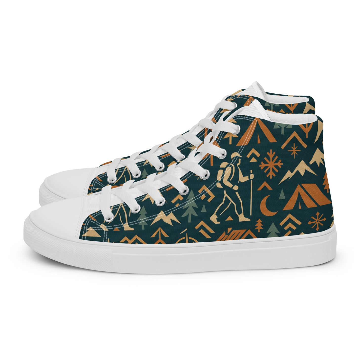 High-top sneakers with a nature-themed pattern on a white background