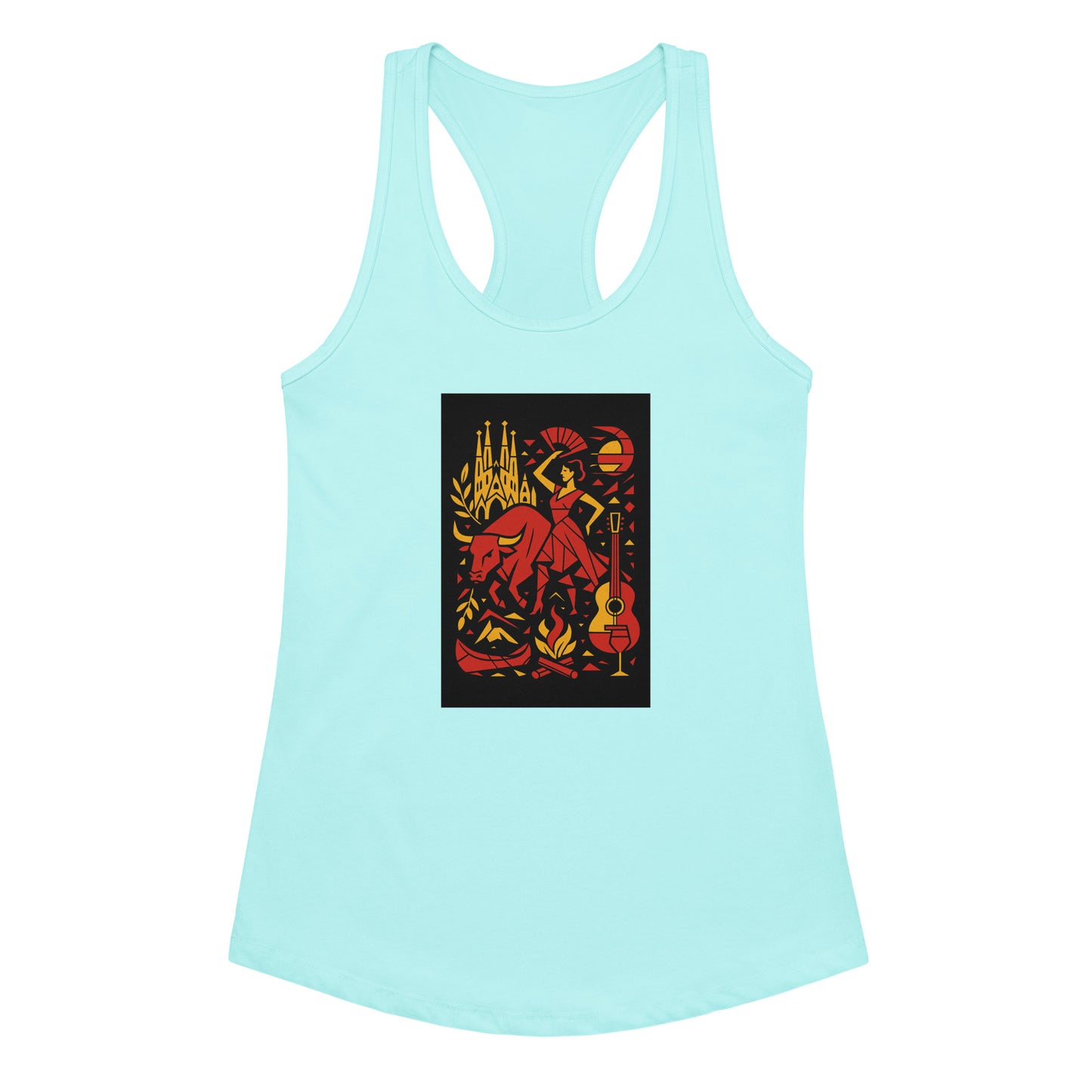 Light blue tank top with a colorful graphic design on a white background