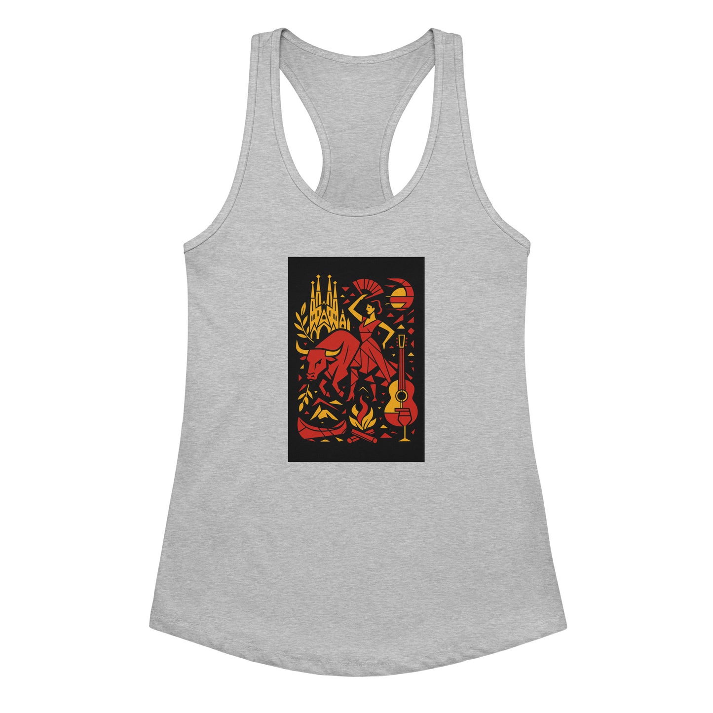 Gray tank top with a colorful graphic design on a white background