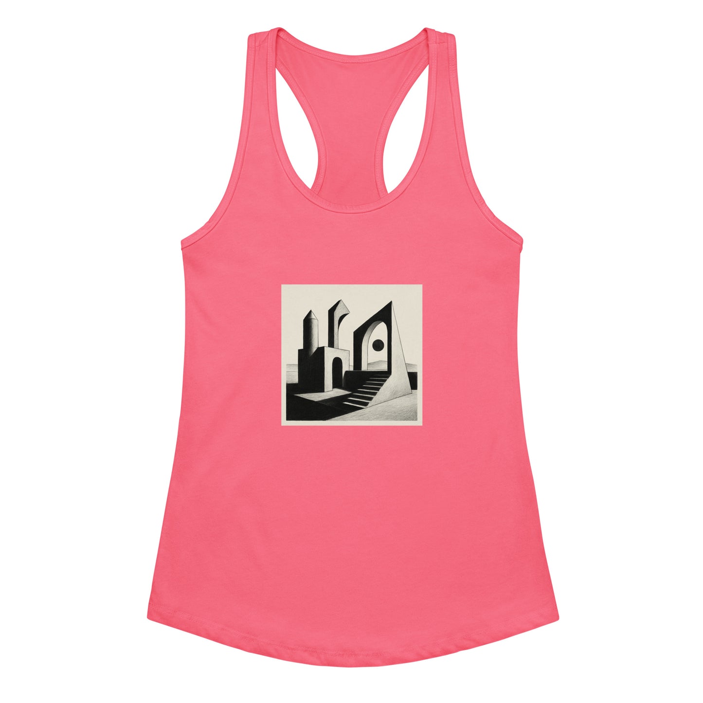 Pink tank top with a graphic design on a white background