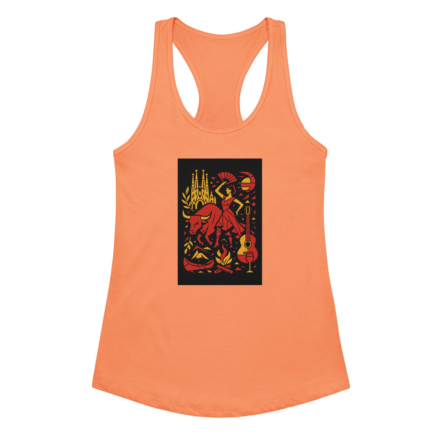 Orange tank top with a colorful graphic design on a white background