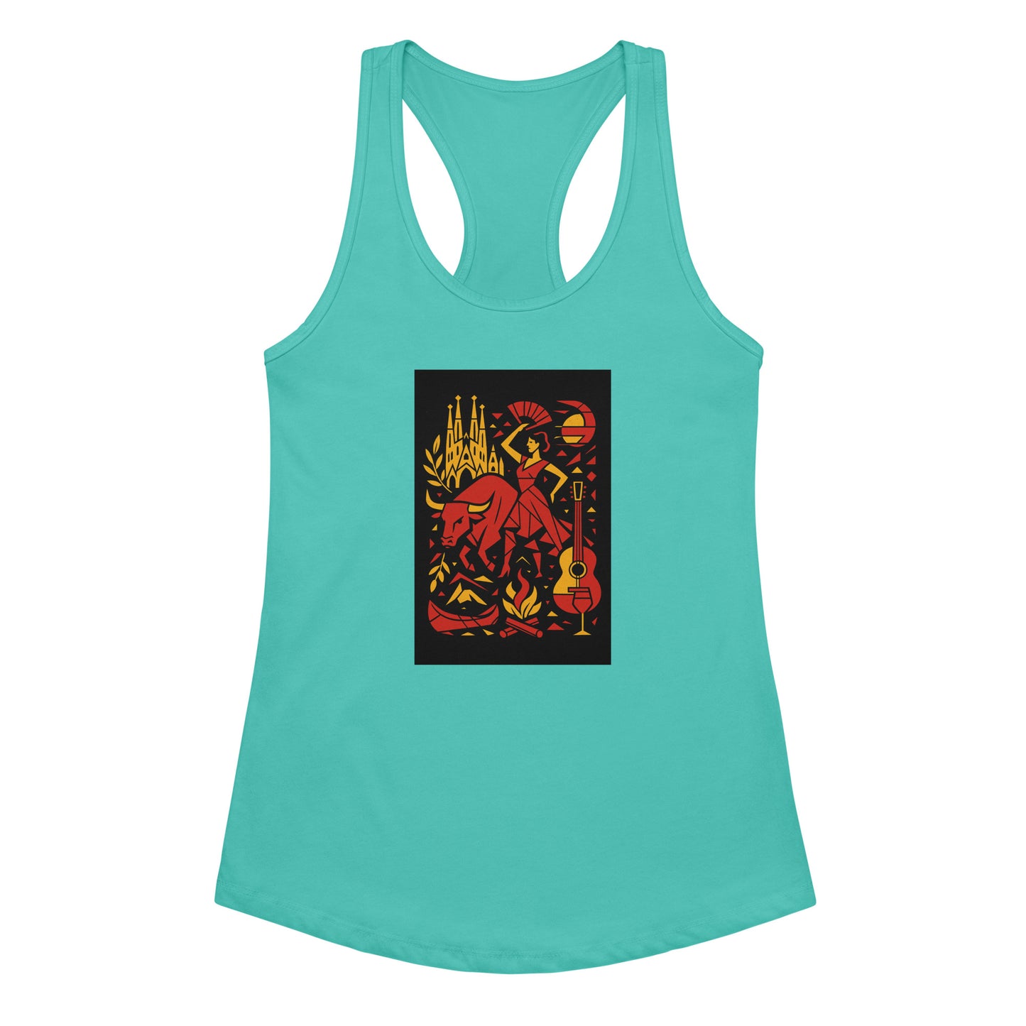 Turquoise tank top with a colorful graphic design on a white background