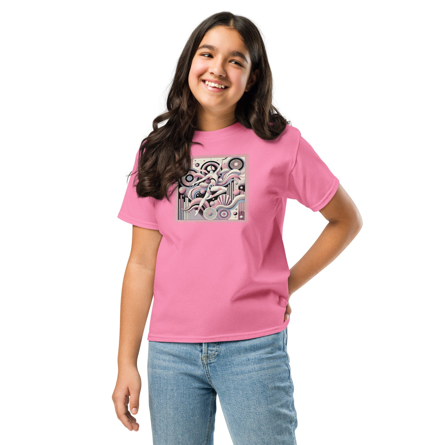 Girl wearing a pink t-shirt with a graphic design on a white background