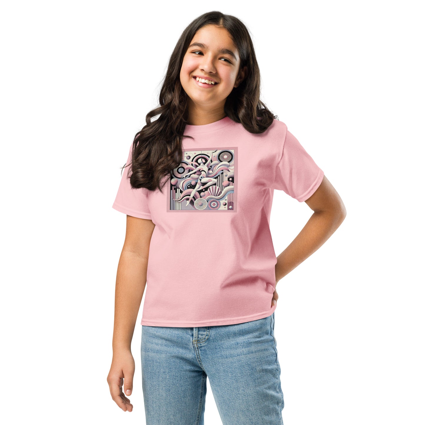 Girl wearing a pink t-shirt with a graphic design on a white background
