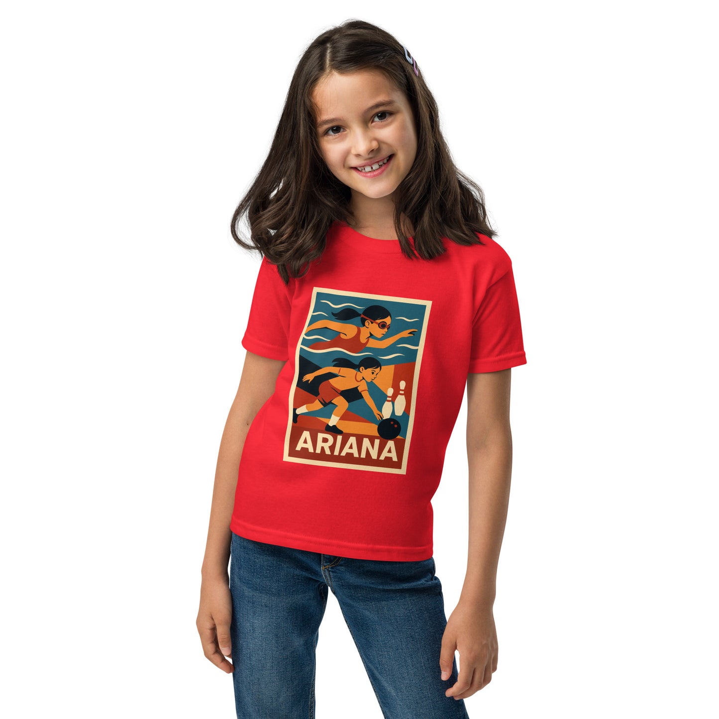 Girl wearing a red t-shirt with a graphic design and the name 'Ariana' on a white background