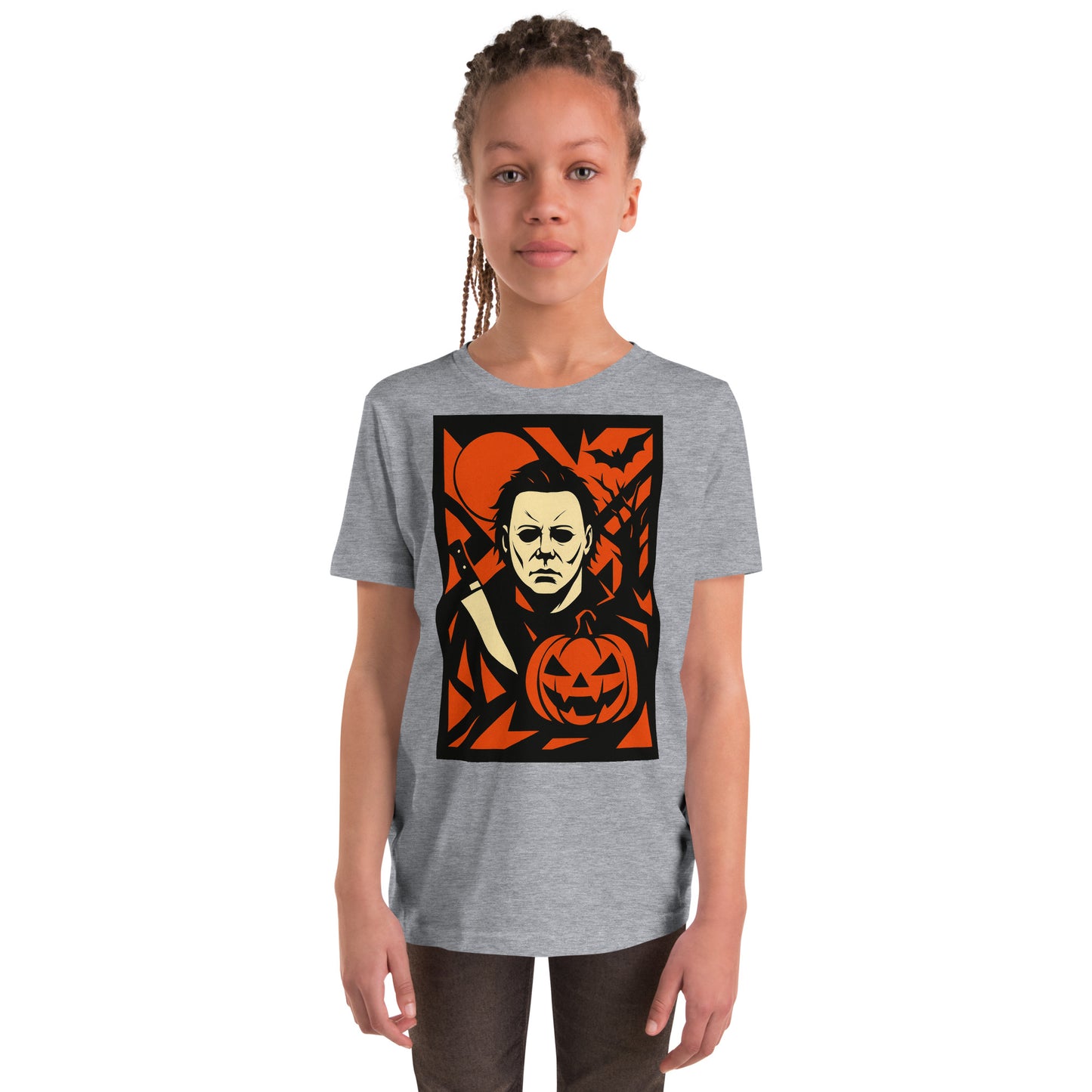 HALLOWEEN Child wearing a gray t-shirt with a graphic design of a character and pumpkin on a white background