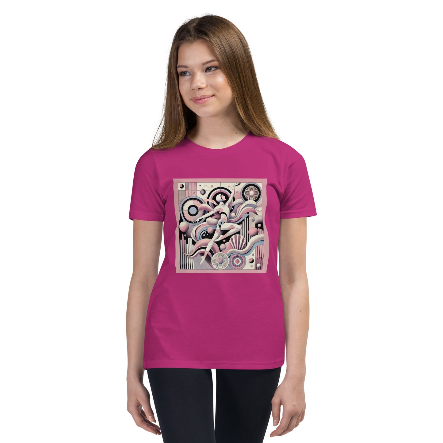 Person wearing a pink t-shirt with a graphic design on a white background
