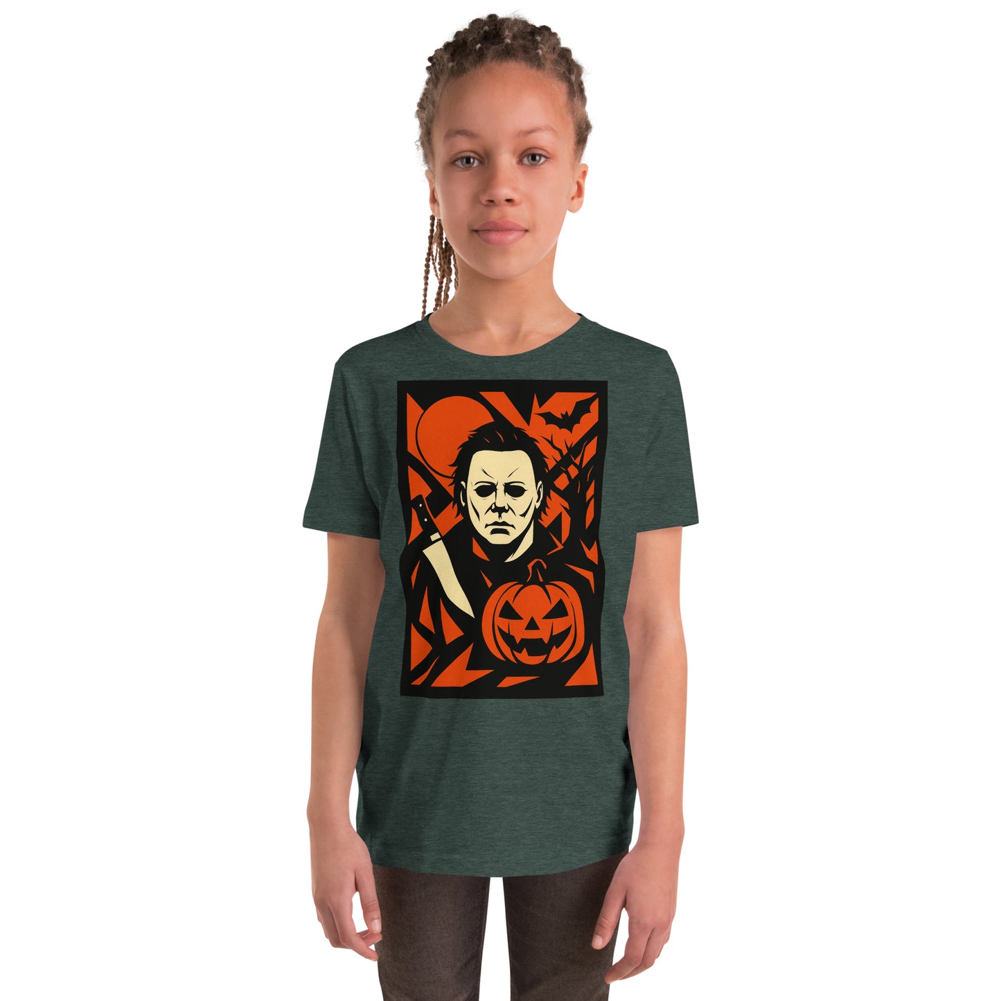 HALLOWEEN Child wearing a green t-shirt with a Halloween-themed graphic design.