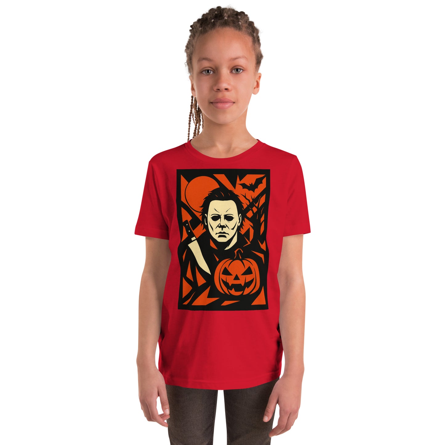HALLOWEEN Child wearing a red t-shirt with a graphic design on a white background
